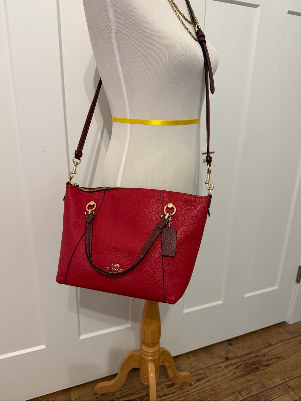 Coach Kacey Apple Red Pebbled Leather Shoulder Bag with Gold Hardware